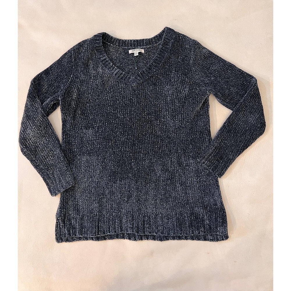 Orvis Classic Collection Women Bluish Grey Chenille V-Neck Sweater Large 1420674